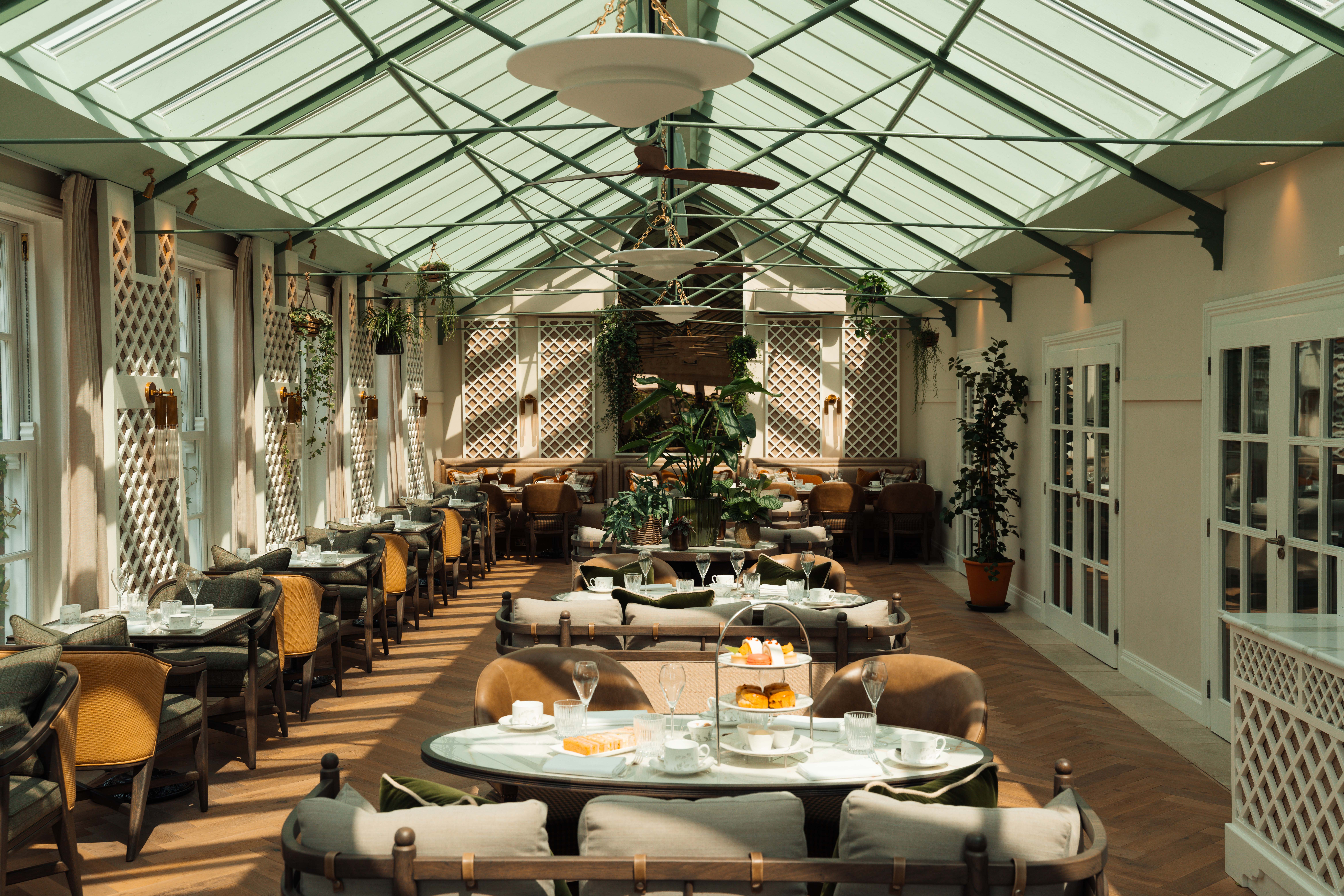 Indoor dining room with window ceilings, modern decor and lots of plants 