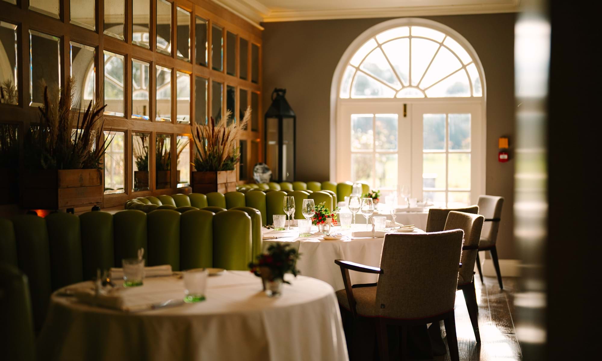 Stylish restaurant with green chairs and arched window.
